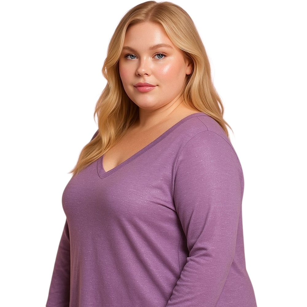 💜 Loanna Soft Cotton V-Neck Long Sleeve Top | Size 3X